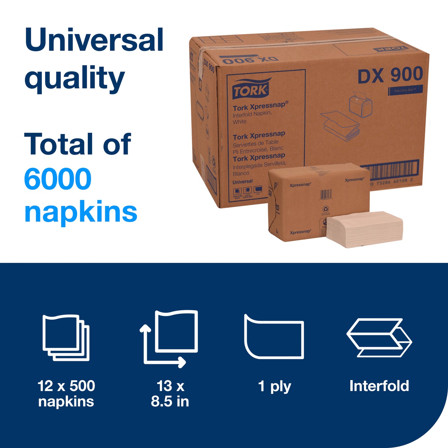 Tork® Xpressnap® Dispenser Napkin Quarter Fold, White, 13" x 8.5"