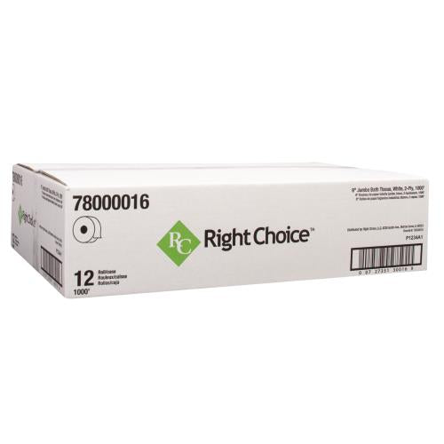 Right Choice ™ Paper JRT Toilet Tissue 2 Ply, White, Virgin Paper, 9" x 1000'