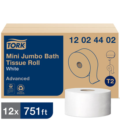 Tork® MINI JUMBO TOILET PAPER ROLL 2 PLY, WHITE