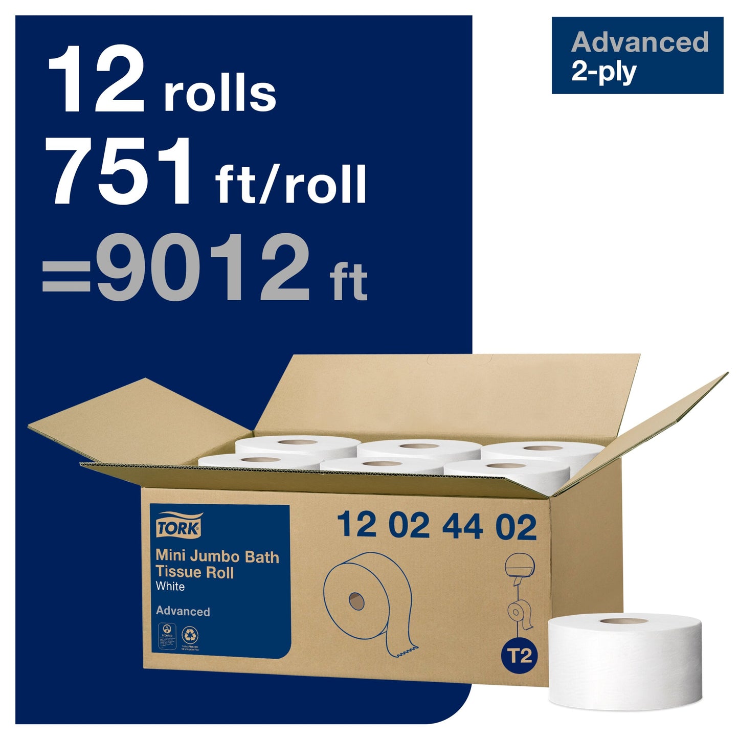 Tork® MINI JUMBO TOILET PAPER ROLL 2 PLY, WHITE