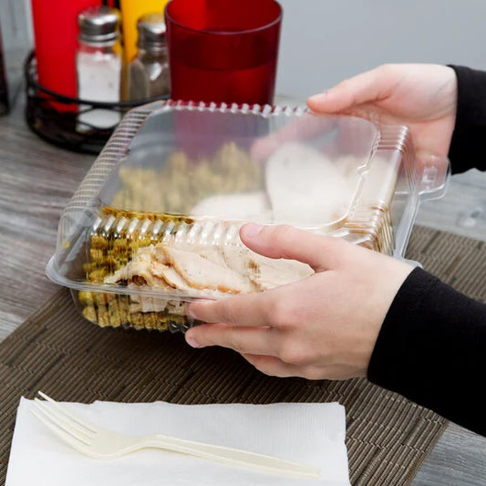 9" x 9" x 3" CLEAR HINGED LID, 1 COMPARTMENT CONTAINER, CLEAR